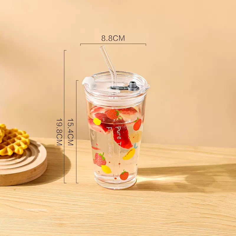Cute Korean Glass Cups with Straw & Lid